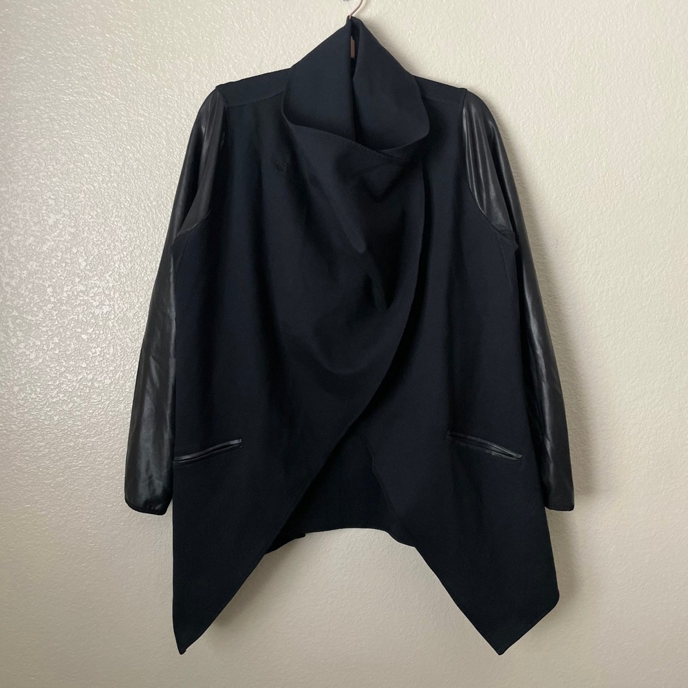 Spanx Drape Front Jacket Womens XL Black Faux Leather Asymmetrical Open Front - Picture 3 of 11
